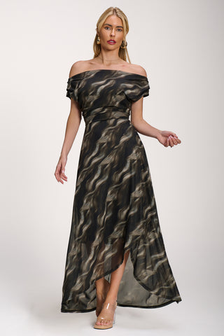Asymmetric Mesh Maxi Dress, Khaki Abstract