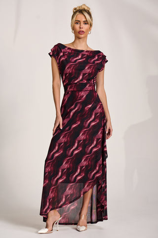 Asymmetric Mesh Maxi Dress, Pink Abstract