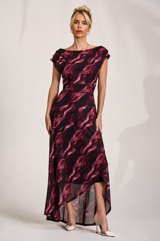 Asymmetric Mesh Maxi Dress, Pink Abstract