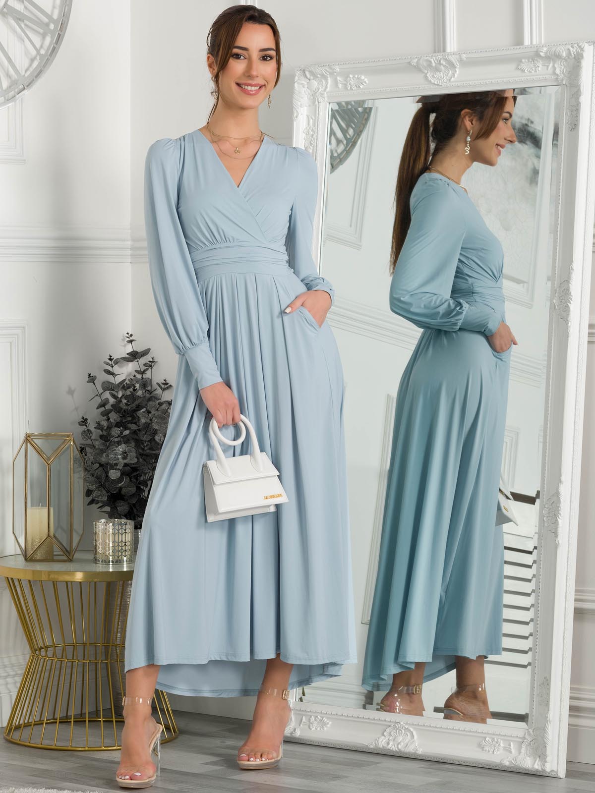 Rashelle Jersey Long Sleeve Maxi Dress, Ice Blue