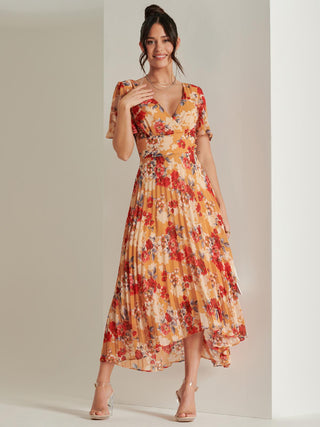 Pleated Chiffon High Low Maxi Dress, Red Floral