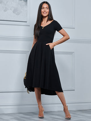 Off The Shoulder Dip Hem Dress, Black