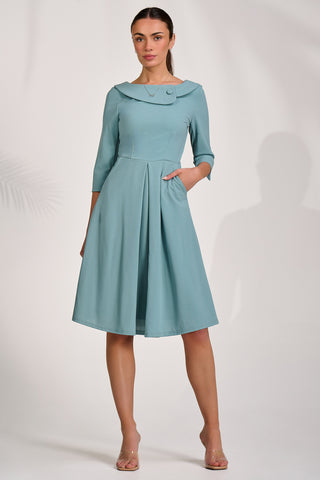 ¾ Sleeve Fold Neck Midi Dress, Duck Egg Blue