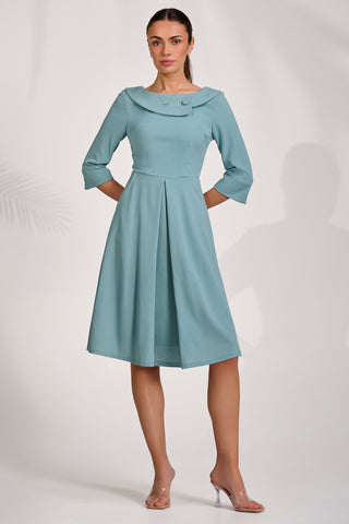 ¾ Sleeve Fold Neck Midi Dress, Duck Egg Blue