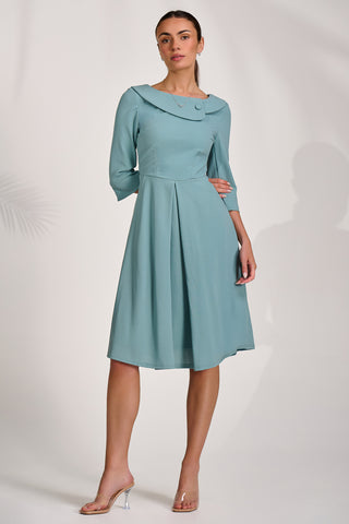 ¾ Sleeve Fold Neck Midi Dress, Duck Egg Blue