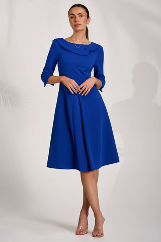 ¾ Sleeve Fold Neck Midi Dress, Royal Blue