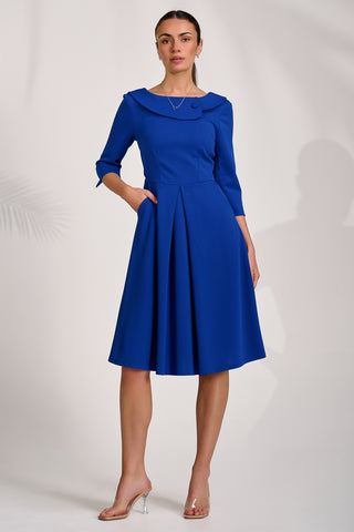 ¾ Sleeve Fold Neck Midi Dress, Royal Blue