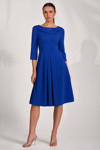 ¾ Sleeve Fold Neck Midi Dress, Royal Blue