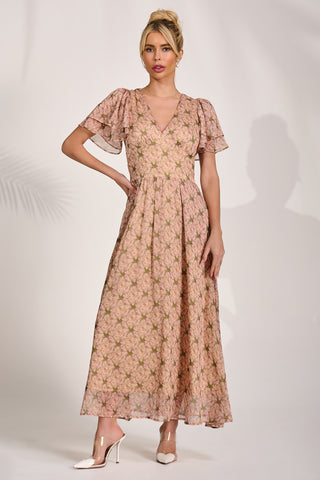 Angel Sleeve Chiffon Maxi Dress, Green Floral