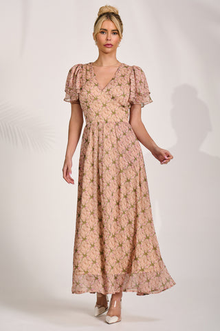 Angel Sleeve Chiffon Maxi Dress, Green Floral