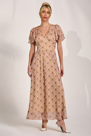 Angel Sleeve Chiffon Maxi Dress, Green Floral