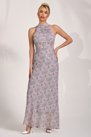 Halter Neck Maxi Dress, Purple Floral
