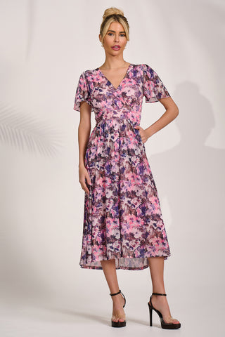 Petite Short Sleeve Midaxi Dress, Pink Abstract