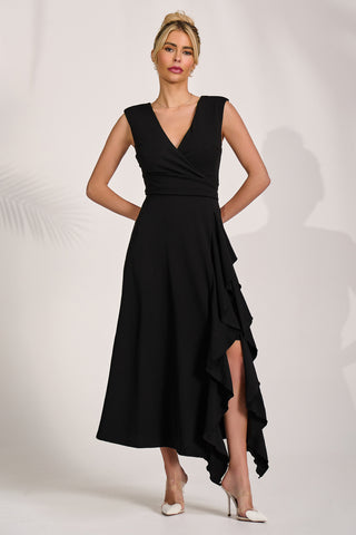 Frill Detail Wrap Sleeveless Midaxi Dres, Black
