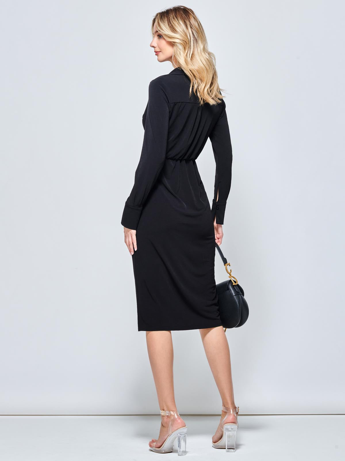 Long Sleeve Wrap Midi Shirt Dress, Black