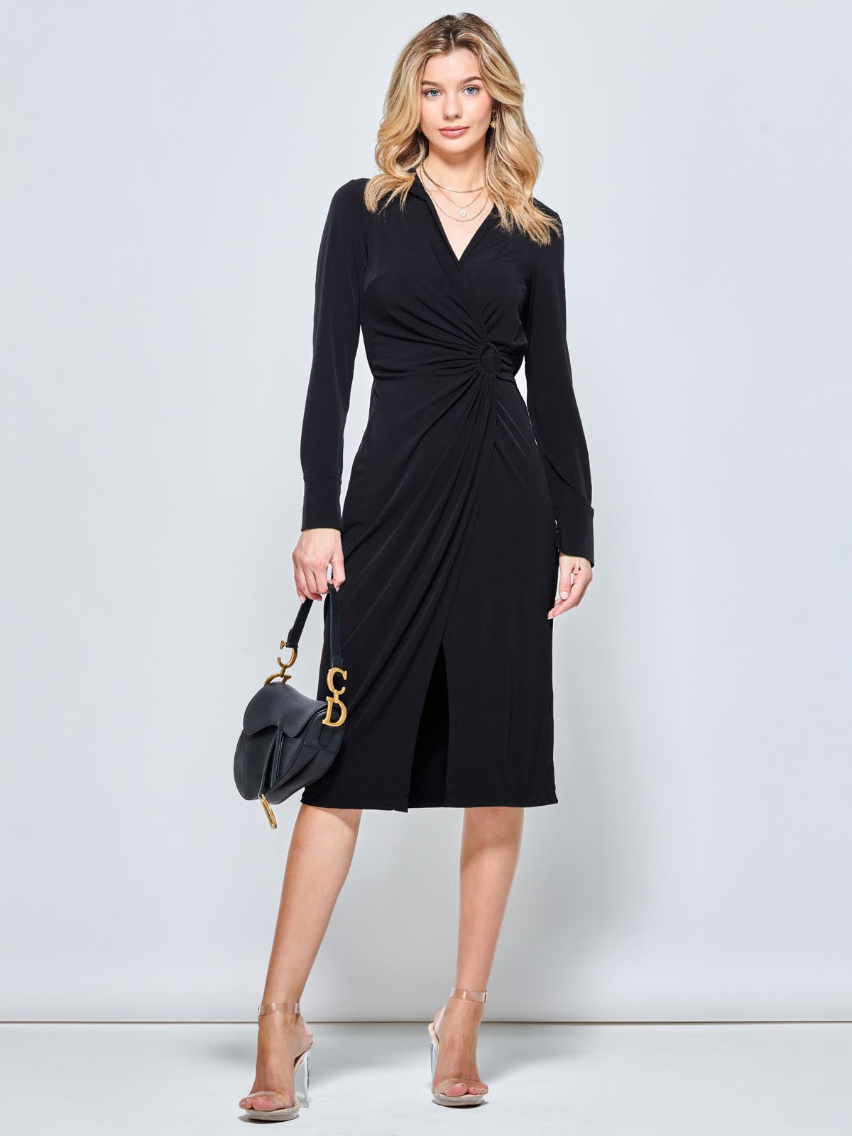 Long Sleeve Wrap Midi Shirt Dress, Black