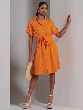 Olivea Linen Drop Shoulder Shirt Dress, Orange