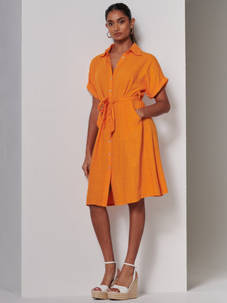 Olivea Linen Drop Shoulder Shirt Dress, Orange