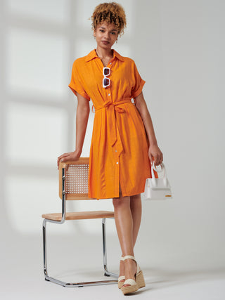 Olivea Linen Drop Shoulder Shirt Dress, Orange