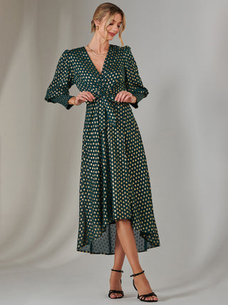 Metallic Spot Print Puffy Sleeve Maxi Dress, Dark Green