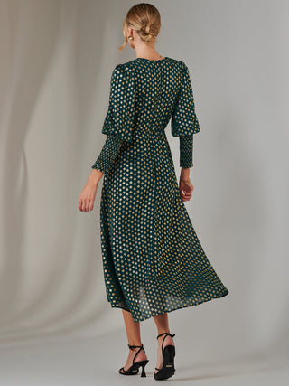 Metallic Spot Print Puffy Sleeve Maxi Dress, Dark Green