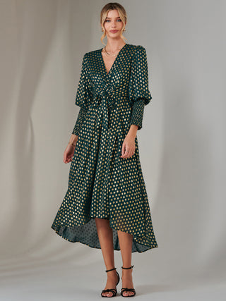 Metallic Spot Print Puffy Sleeve Maxi Dress, Dark Green