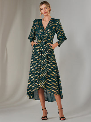 Metallic Spot Print Puffy Sleeve Maxi Dress, Dark Green