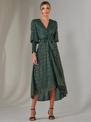 Metallic Spot Print Puffy Sleeve Maxi Dress, Dark Green