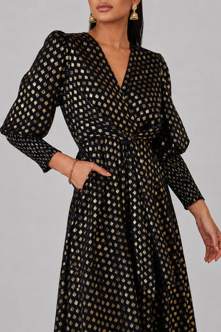 Metallic Spot Print Puffy Sleeve Maxi Dress, Navy