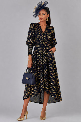 Metallic Spot Print Puffy Sleeve Maxi Dress, Navy