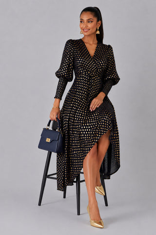 Metallic Spot Print Puffy Sleeve Maxi Dress, Navy