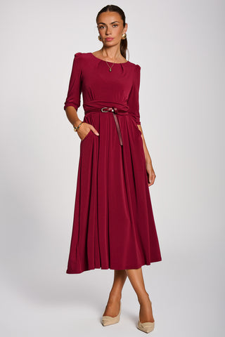 3/4 Sleeve Pleated Jersey Maxi Dress, Burgundy