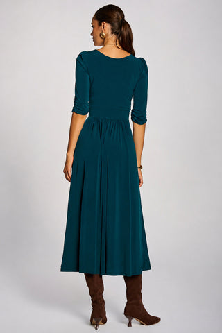 3/4 Sleeve Pleated Jersey Maxi Dress , Dark Green