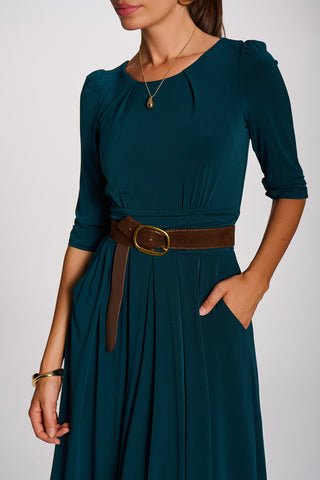 3/4 Sleeve Pleated Jersey Maxi Dress , Dark Green