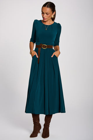 3/4 Sleeve Pleated Jersey Maxi Dress , Dark Green