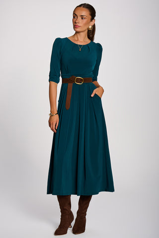 3/4 Sleeve Pleated Jersey Maxi Dress , Dark Green