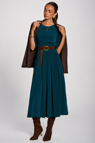 3/4 Sleeve Pleated Jersey Maxi Dress , Dark Green