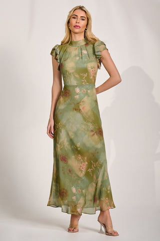High Neck Ruffle Sleeve Chiffon Maxi Dress, Green Floral