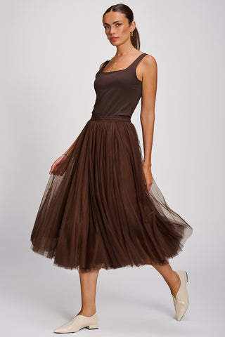 Tulle Godet Midi Skirt, Brown