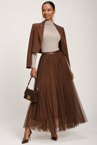 Tulle Godet Maxi Skirt, Brown