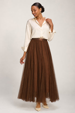 Tulle Godet Maxi Skirt, Brown