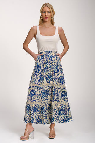 Lace Trim Tiered Maxi Skirt, Blue Paisley