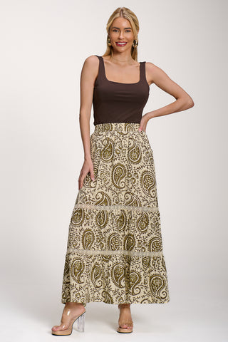 Lace Trim Tiered Maxi Skirt, Khaki Paisley