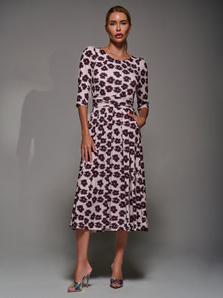 Three Quarter Sleeve Jersey Midi Dress, Beige Floral