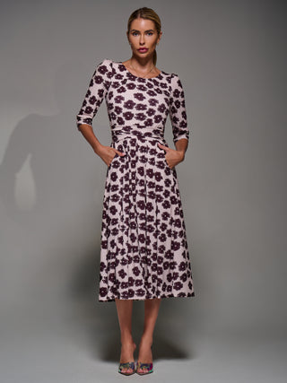 Three Quarter Sleeve Jersey Midi Dress, Beige Floral