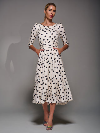 Three Quarter Sleeve Jersey Midi Dress, Beige Polka Dot