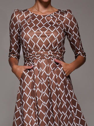 Three Quarter Sleeve Jersey Midi Dress, Brown Geo