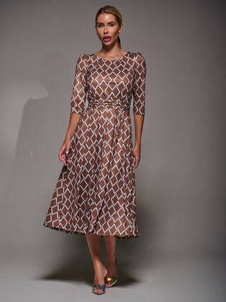 Three Quarter Sleeve Jersey Midi Dress, Brown Geo