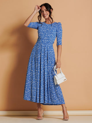 Kimber Jersey Pleated Maxi Dress, Blue Floral