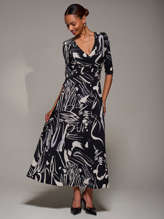 Jersey Ruched Waist Fit & Flare Maxi Dress, Black Abstract